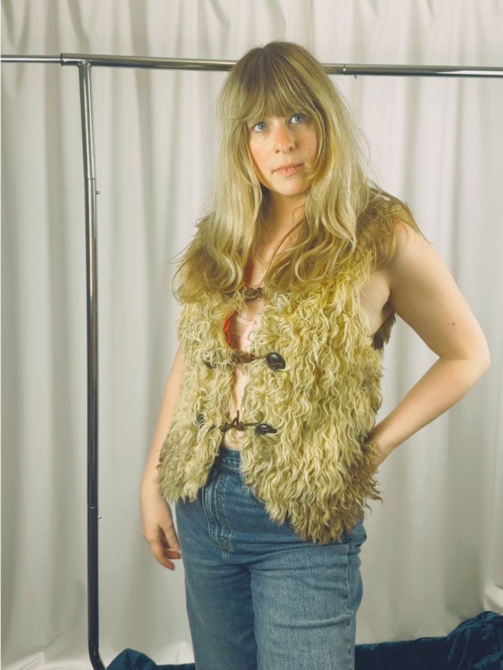 Vintage Shaggy Fur Vest Shearling Style Toggle Vest Boho Hippie Festival Vest